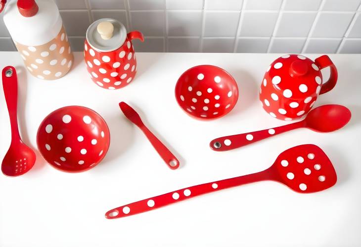 Nostalgic Kitchen Charm Red Polka Dot Utensils on White Table